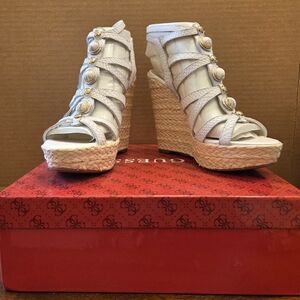 Guess White Braided Espadrille Wedge Sandals with Gold Accents